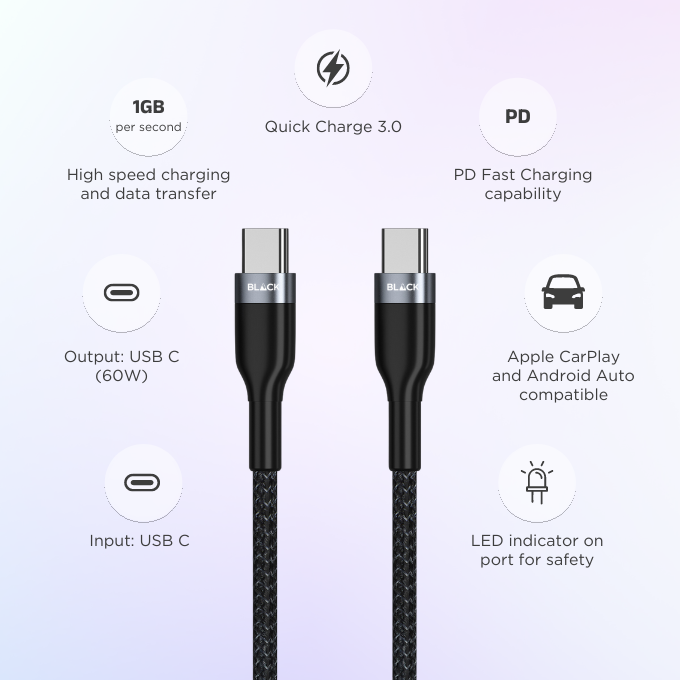 BLACK Cable Strong & Fast Nylon USB C to C, 25000+ bends, 60W, 1.2m, 1Yr warranty BLACK Cable Strong & Fast Nylon USB C to C, 25000+ bends, 60W, 1.2m, 1Yr warranty